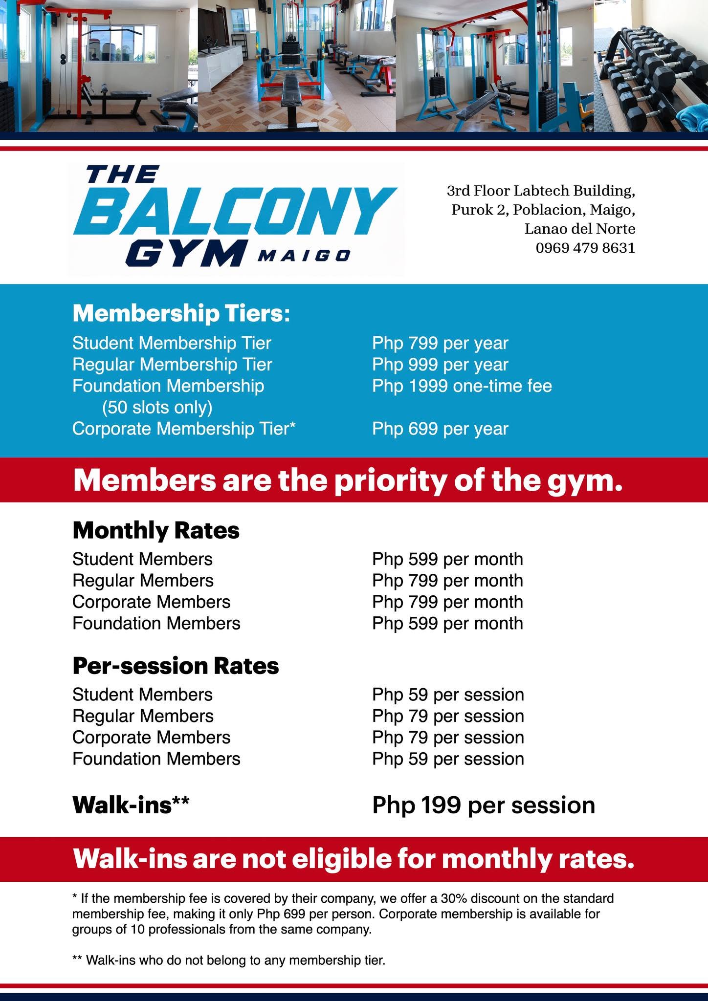 The Balcony Gym Maigo official facilities and rates poster